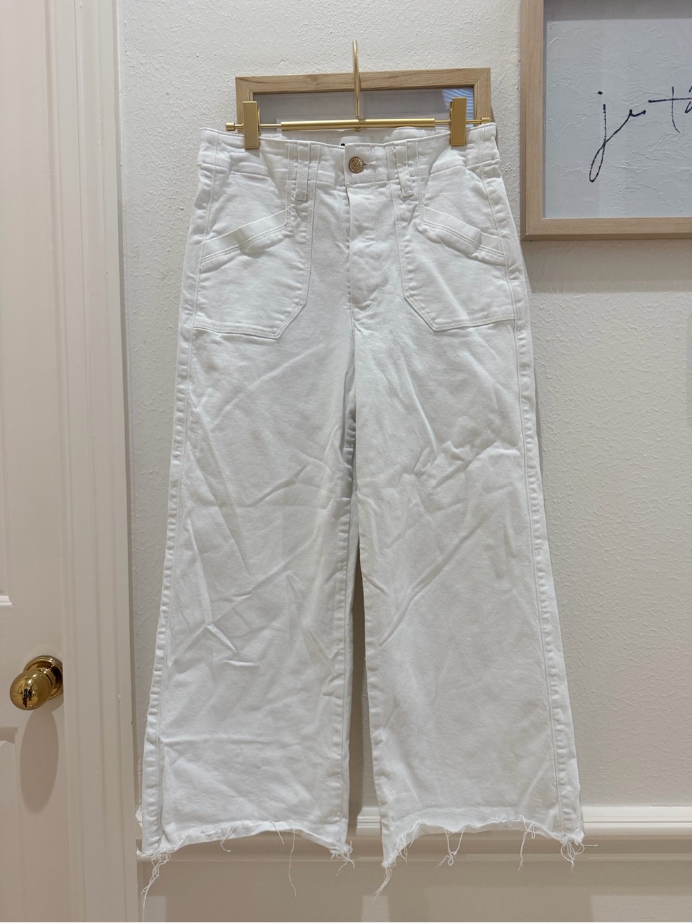 Paige High-Waist Wide-Leg White Jeans with frayed hem